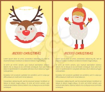 Merry Christmas congratulation with smiling snowman and happy deer with red scarf. Vector illustration decorated with garland and knitted clothes