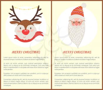 Merry Christmas set of two postcards with deer dressed in red woolen scarf and Santa Claus with white beard. Vector illustration xmas symbols posters