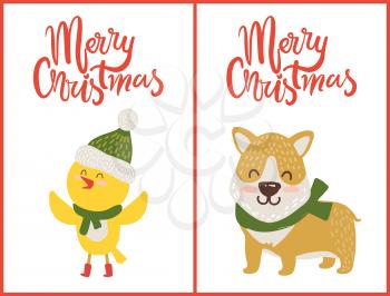 Merry Christmas, cute bird of yellow color with green hat and scarf, and dog, with closed eyes with lot of happy feelings on vector illustration