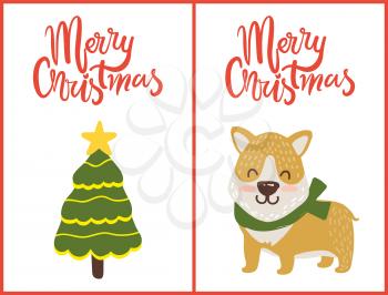 Merry Christmas, decorated tree and image of dog with green scarf, pine and pet with designed headlines, collection isolated on vector illustration