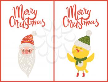 Merry Christmas greeting cards with happy Santa Claus face and singing yellow chicken isolated on white background vector illustration text postcards