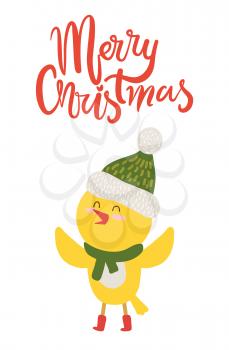 Merry Christmas greeting card with yellow chicken in scarf icon isolated on white. Vector illustration with happy bird in green knitted hat with bubo