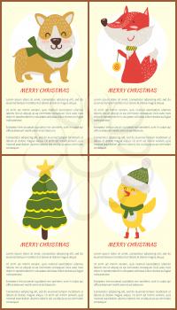Merry Christmas greeting cards with yellow chicken in scarf, dog and fox and evergreen fir decorated tree icons isolated on white vector postcards