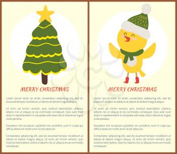 Merry Christmas greeting cards with evergreen decorated spruce tree and yellow chicken in scarf icon isolated on white vector illustration postcards