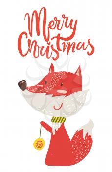 Merry Christmas poster congratulation from fox playing yo-yo. Vector illustration with smiling animal with colorful toy isolated on white background