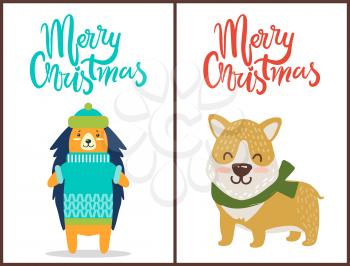 Merry Christmas two bright congratulation posters with dog and porcupine dressed in warm clothes. Vector illustration with animals on bright background