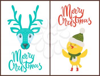 Merry Christmas bright poster with cute animals on white background. Vector illustration with polar deer and little chicken in warm scarf and hat