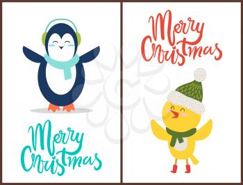 Merry Christmas congratulation from happy birds dressed in knitted scarfs, hats and warm headphones. Vector illustration with penguin and chicken
