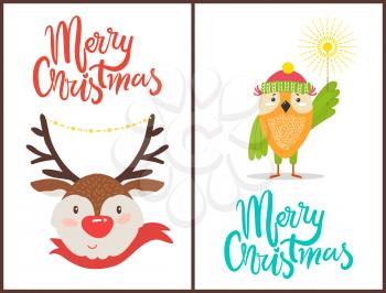 Merry Christmas banners with friendly animals in warm clothes and festive decorations. Vector illustration with cute deer and smiling owlet on white