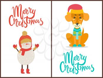 Merry Christmas congratulation with winter symbol snowman and dog dressed in sweater and hat. Vector illustration with set of two bright posters