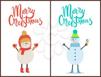 Merry Christmas banner congratulation from snowman dressed in knitted scarf and hat. Vector illustration contains with two drawn winter symbols on white