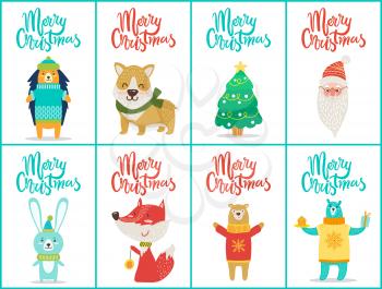 Merry Christmas big set of cards with pug and hedgehog, tree and snowman, rabbit and fox, and images of two bears isolated on vector illustration