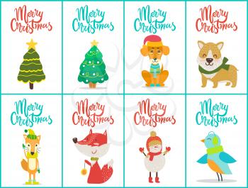 Merry Christmas posters set with evergreen tree that is symbol of holiday dogs and birds, fox and snowman, with titles isolated on vector illustration