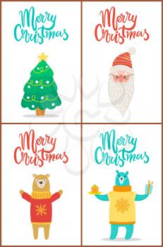 Merry Christmas, posters set with image of evergreen tree decorated with toys, Santa Claus with red hat and bears wearing sweaters vector illustration