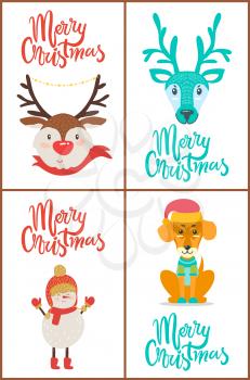 Merry Christmas, greeting cards with images of dog and snowman, and icons of two reindeers with scarf, banners with headlines vector illustration