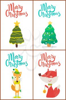 Merry Christmas, trees with decorations such as balls, stars and garlands, and foxes wearing hat and scarves and playing with toy vector illustration