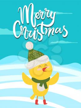 Merry Christmas greeting card with yellow chicken in scarf icon isolated on winter landscape. Vector of happy bird in green knitted hat with bubo