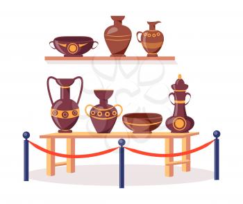Set of ancient Greek pottery on wooden shelf and short table fenced off by metal railing stand with red rope isolated vector illustration on white