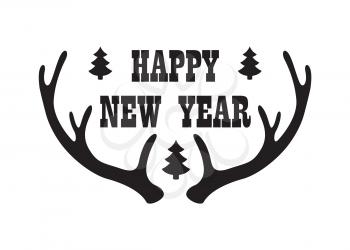 Happy New Year inscription with reindeer horns and black christmas tree silhouettes vector illustration decorative logo template isolated on white