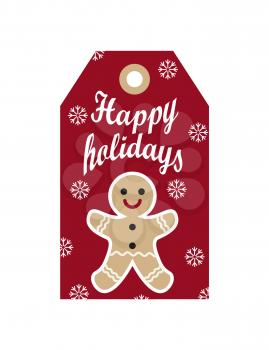 Happy holidays label sample, badge of red color with hole, image of cookie and lots of snowflakes around it on vector illustration isolated on white