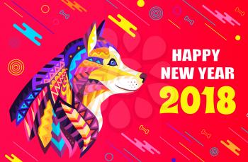 Happy New Year 2018 creative festive poster with dog head profile composed of small colorful details with patterns cartoon vector illustration.