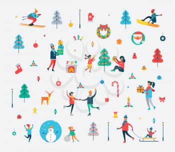New Year pattern of happy people, Christmas tree, sweet cane, funny snowman, Polar deer, decorative toys and Santa Claus vector illustration.