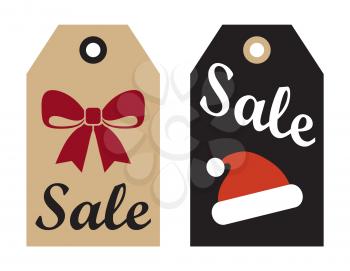 Sale promo tags ready to use labels with christmas bow and red Santa Claus hat promotional advertisement stickers vector illustrations shopping concept