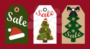 Sale promo tags ready to use labels decorated Christmas trees and red Santa hat promotional advert stickers vector illustrations promo badges
