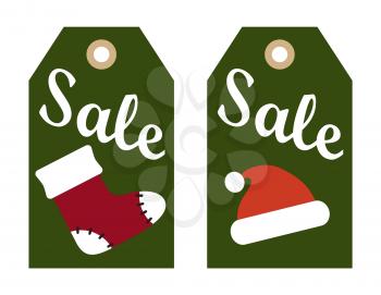 Sale promo labels with red sock and Santa Claus hat, symbols of Christmas and New Year vector illustration tags informing about discounts