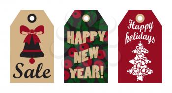 Sale happy New Year set of cards, with images of bell with bow, mistletoe and tree made up of stars, balls and candies, headlines vector illustration