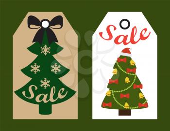 Sale decorative tags with New Year evergreen Christmas trees hang stickers, shopping promotional labels announcements about discounts with Xmas symbols