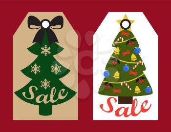 Sale New Year, tree set, evergreen plants with snowflakes and bells, balls and garlands with bow and mistletoe, titles on vector illustration