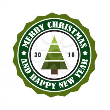 Merry Christmas and Happy New Year 2018 round stamp sticker with abstract xmas tree, advert circular label with greetings vector illustration tag