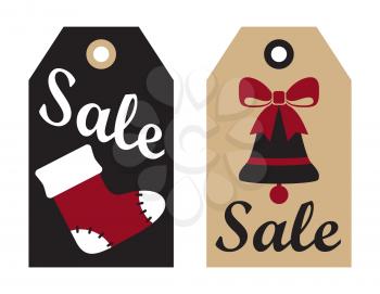 Sale promo label with Christmas sock for presents and decorative bell with red ribbon New Year symbols on hanging tags vector isolated on white