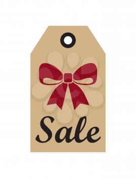 Sale promo label with Christmas red bow New Year symbol on hanging tags vector isolated on white, advertising retail holiday sticker isolated on white