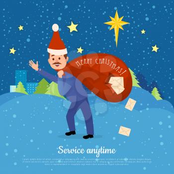 Service anytime. Postman in Christmas hat hurry to deliver letters. Bag full of mails dropping through hole. Web banner. Congratulation with greeting cards. Winter scenery landscape. Vector