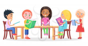 Schoolchildren sitting at desk and reading books, some kids stands near wooden table vector illustration on white background.