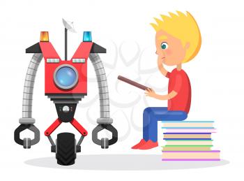 Little blond boy sit on pile of books with direction to robot with satellite, colorful flashers, wheel and round screen isolated vector illustration.