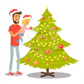 Father and daughter, poster with people decorating evergreen Christmas tree, candies in traditional visualisation and balls vector illustration