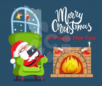 Merry Christmas Santa Claus and fireplace with socks, headline and window decorated with garland and bell, winter character vector illustration