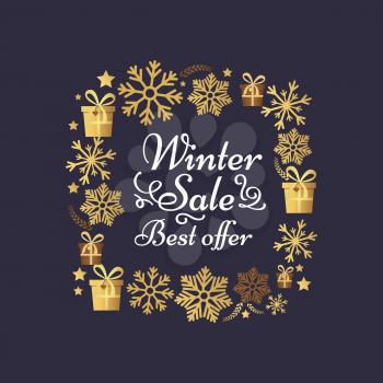 Winter sale best offer poster in square frame made of silver and gold snowflakes, snowballs in xmas border presents and gifts isolated on black vector