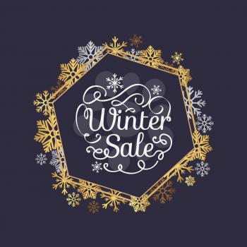 Winter sale poster in decorative frame made of silver and gold snowflakes, snowballs in xmas border, presents and gifts isolated on black vector