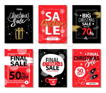 Shop now on Christmas holiday, set of promotional banners including titles icons of present and cup, mittens and frames, images on vector illustration