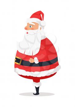 Isolated standing Santa Claus on white side view. Vector illustration of old man with long beard worn in red warm coat trousers, soft hat, black boots wide belt. Element of holiday decor for shops