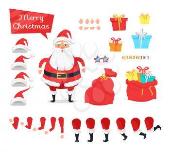 Santa construction set of icins. Create your own illustration. Vector of bended arms and legs, hats and presents. Kinds of gifts for children all around world. Close and open enormous red bag.