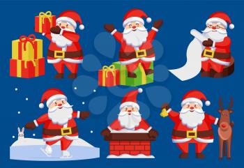 Santa Claus set of icons isolated on dark blue. Vector illustration man in red suit, wish list of gifts or reindeer preparing presents for Christmas