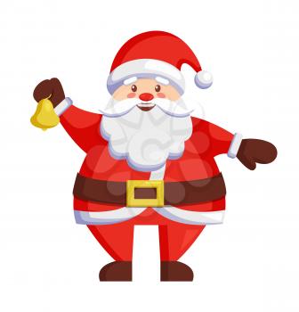 Santa Claus with bell icon isolated on white background. Vector illustration with happy fairy tale character in traditional red costume holding golden bell