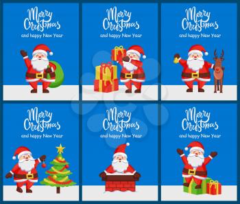 Merry Christmas and Happy New Year set of posters with Santa Claus, his xmas presents and reindeer. Vector illustration with fairy tale characters