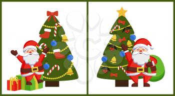 Happy Santa sitting on gift boxes and standing with bag near decorated Xmas tree vector posters with Christmas Father and winter holiday symbols