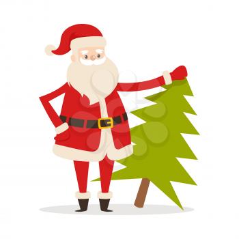 Santa Claus with fresh fir tree isolated on white. Father Christmas in cartoon design. Funny magic character in flat. Saint Nick stand with New Year tree vector illustration in winter holiday concept.